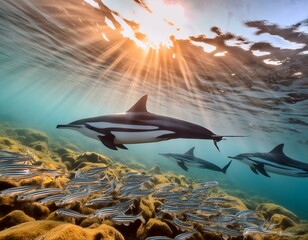 Wall Mural - PILOT WHALES SWIMMING JUST BELOW THE WATER LINE, SOLAR BEAMS LEAKING IN, SCHOOL OF SARDINES underwater near coast natural scenery