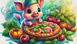 oil painting style CHARACTER CUTE piglet Tasty pepperoni pizza and cooking ingredients, food, pizza