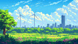 Idyllic cityscape with modern wind turbines against a backdrop of skyscrapers and a lush green field under a blue sky.