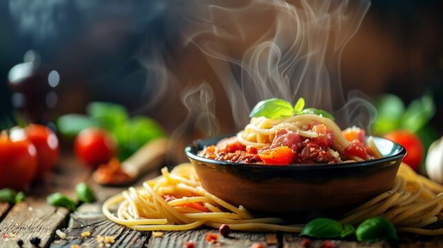 Delicious Italian pasta spaghetti Bolognese and tomato sauce with hot steaming on wood table on dark background