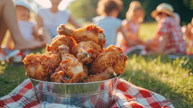 A family enjoying a picnic with a bucket of crispy fried chicken legs, savoring the taste of homemade comfort food in the great outdoors.