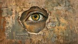 Fototapeta Kwiaty - A hole in the wall with an eye peering through, digital art in the style of grunge background, horror theme, vintage color tone, yellow and green iris of human eyes inside the small hole