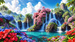Waterfalls and flowers, beautiful landscape, magical and idyllic background with many flowers in Eden.