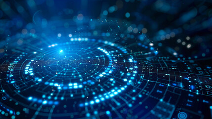 A futuristic digital background with elements of data technology and cyber security, such as holographic interfaces or binary code. 