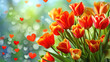 Tulips flowers background with hearts on a blurred background as Valentine's day love background