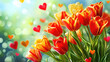 Tulips flowers background with hearts on a blurred background as Valentine's day love background.