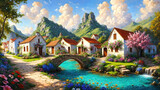 Fototapeta Góry - Idyllic countryside summer landscape with wooden old houses, beautiful flowers and trees with the Alp mountains in the background, oil painting on canvas
