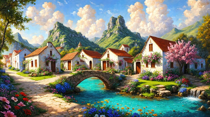 Idyllic countryside summer landscape with wooden old houses, beautiful flowers and trees with the Alp mountains in the background, oil painting on canvas