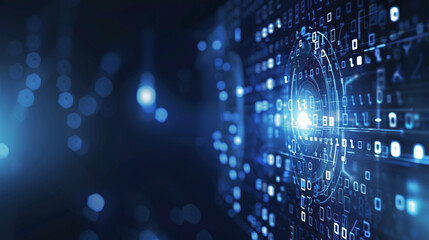 A futuristic digital background with elements of data technology and cyber security, such as holographic interfaces or binary code. 