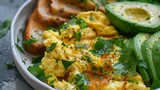 Fototapeta Londyn - Close-up of fluffy scrambled eggs mixed with fresh herbs and cheese, served with toast and avocado slices for a nutritious morning meal.