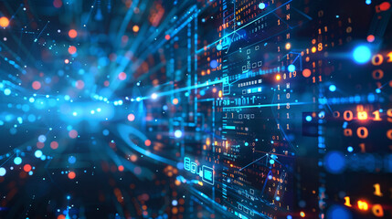 A futuristic digital background with elements of data technology and cyber security, such as holographic interfaces or binary code. 