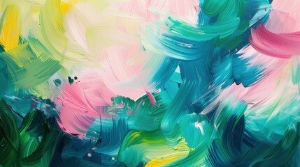 Wall Mural - an abstract painting of green, pink and blue shapes with thick brush strokes, with some yellow paint on it. The colors should be bright and vibrant, creating an overall cheerful atmosphere