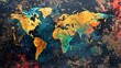 A world map in a grunge style. The map is made up of various shades of gold and blue. The background is a dark blue with a distressed texture.