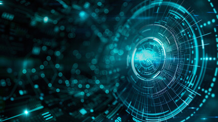 A futuristic digital background with elements of data technology and cyber security, such as holographic interfaces or binary code. 