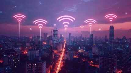 Fototapete - Modern city with wireless network connection concept