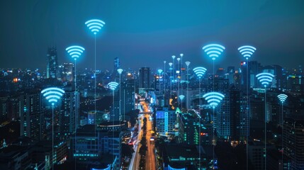 Fototapete - Modern city with wireless network connection concept