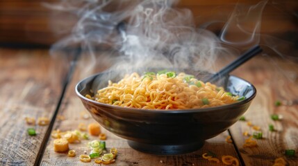 Wall Mural - Noodles with steam and smoke in bowl on wooden background, selective focus. Asian meal on a table, junk food concept