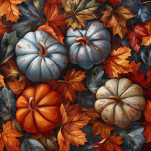 A Painting Of Four Pumpkins And Leaves With A Fall Theme