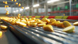The food manufacturing unit is overflowing with slices of potatoes being cut and segmented on the assembly conveyor. depicting a remarkable instance of technology in motion. 