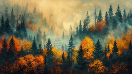 Wall Mural - A painting of a forest with trees in various shades of green and brown