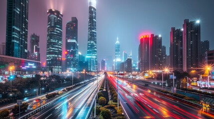 Aufkleber - Shenzhen city buildings at night and blurred car lights