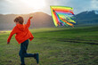 Happy boy runs with kite on green field on mountains background at sunset
