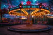 An empty carousel at an amusement park at night. The sky is dark and there are no people around. The carousel is lit up by its own lights.