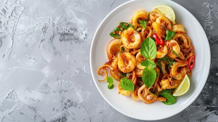 Sticker - Stir Fried Squid with Curry Powder in white plate ,(pla muk pad pong karee),Thai Food.Top view