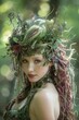 A beautiful woman with green hair and a green dress is wearing a mask made of leaves and vines.