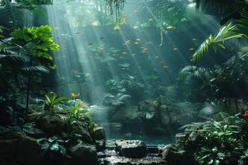 Fototapete - An immersive digital experience transporting users into the habitats of endemic species within a virtual network, fostering empathy and understanding,