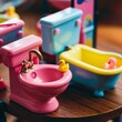 Miniature doll toy neat cozy, tidy bath and toilet, plumbing fixtures