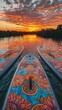 A paddleboarding session at sunset, using boards adorned with bohostyle artwork and patterns