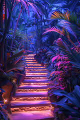 Fototapete - A neon jungle with glowing green foliage and vibrant blue pathways,