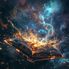 Magical books with a magical world in the dark. Open book with fairy tales and magic lights on a blue background. Element of fire, water and air. Galaxies. Creative design