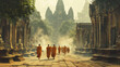 Monks silently wander amid ancient temple ruins.