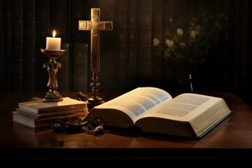 Holy Bible and Cross on Desk architecture publication candle.