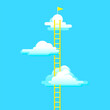 A yellow ladder leading to the flag above clouds for goals achievement. Leadership concept