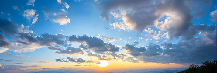 Wall Mural - Blue sky clouds background, Beautiful landscape with clouds and orange sun on sky