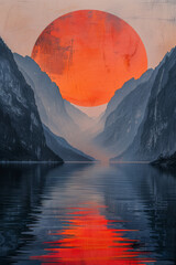 Fototapete - A dynamic artwork where stripes use gradient transitions to mimic the illusion of a sun setting behind mountains,