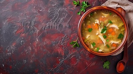 Wall Mural - top view chicken soup in wooden bowl with handle on dark red background with free space