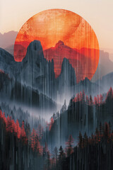 Fototapete - A dynamic artwork where stripes use gradient transitions to mimic the illusion of a sun setting behind mountains,