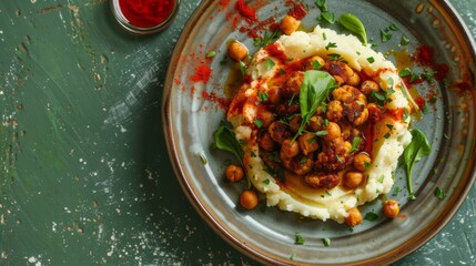 Top view of delicious roasted cauliflower with mashed potatoes and spiced harissa chickpeas served on ceramic plate on green table background