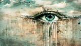 Fototapeta Kwiaty - A surrealistic eye with tears flowing as a waterfall into the sky, symbolizing vision and emotional freedom. The background is a dreamy landscape with clouds and water drops