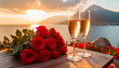 Evening date at sunset on the seashore. There are a couple of glasses of champagne and a large bouquet of roses on the table. Mockup background with empty space for text. Generative AI.