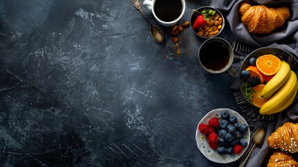 Wall Mural - Top view of dark table with two cups of coffee, fresh fruits and french croissants prepared for breakfast with copy space on the left 