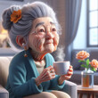 Cute illustration of elderly woman drinking a coffee in the kitchen