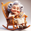 Cute illustration of elderly woman sitting with a kitten on her lap