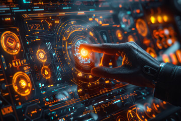 A futuristic interface design in a holographic style, with buttons and data displays that appear to hover in space,