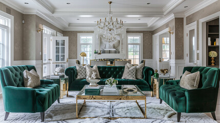 Poster - Glamorous Hollywood Regency living room with luxe finishes. Emerald green velvet sofa, coordinating armchairs, mirrored coffee table, crystal chandelier, metallic wallpaper