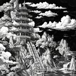Pagoda landscape in the style of traditional Chinese ink painting